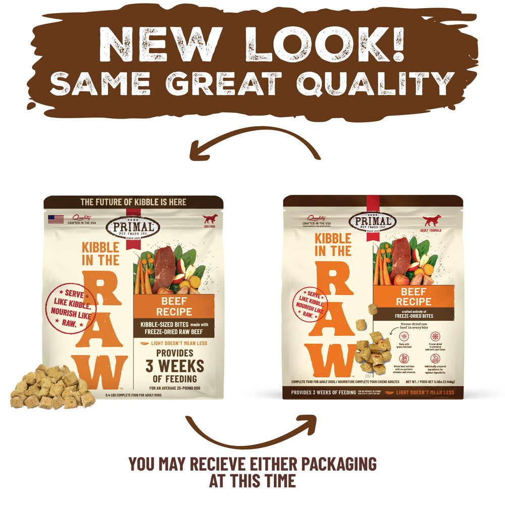 Primal Pet Foods Kibble in The Raw 5.4-lb bag packaging highlights convenience.