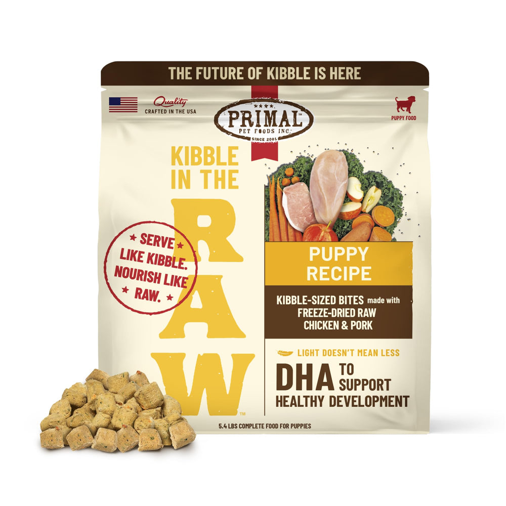 Primal Pet Foods Kibble in the Raw bag open showcases convenient raw nutrition for busy owners.
