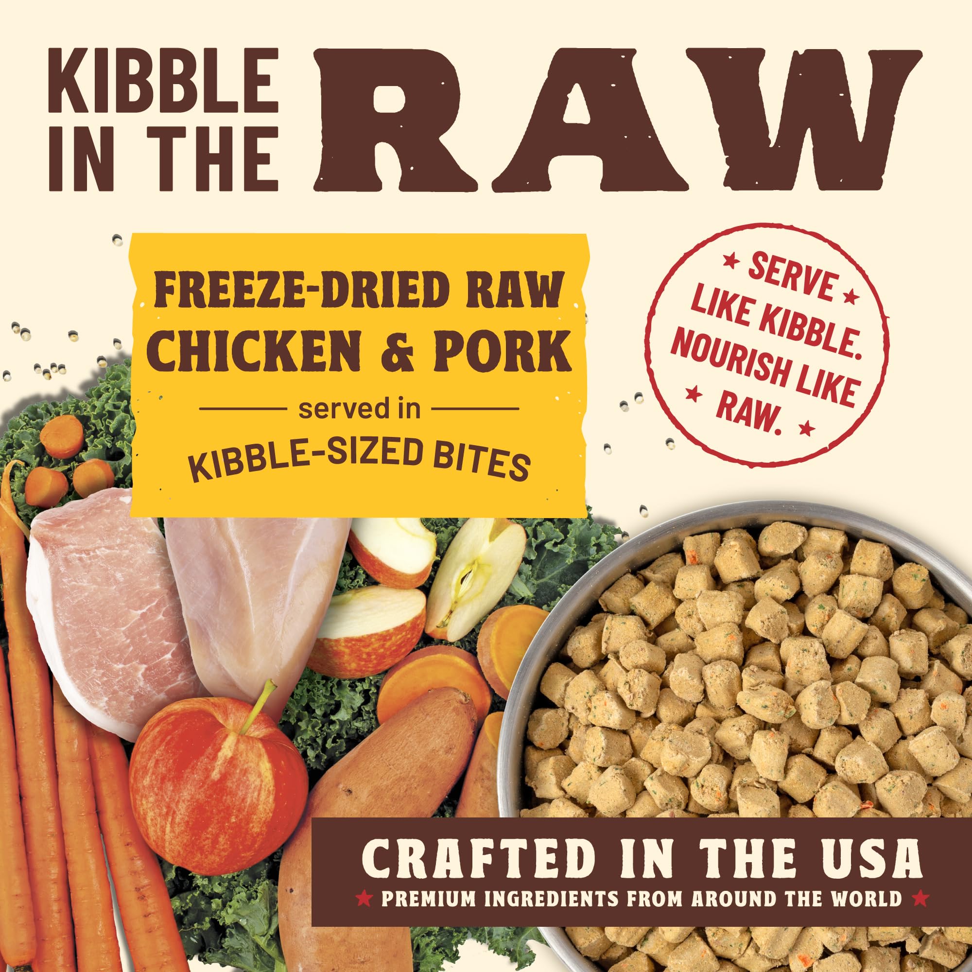 Primal Pet Foods Kibble in the Raw bag pour highlights easy serving with no prep.