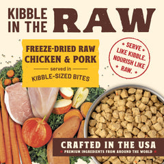 Primal Pet Foods Kibble in the Raw bag pour highlights easy serving with no prep.