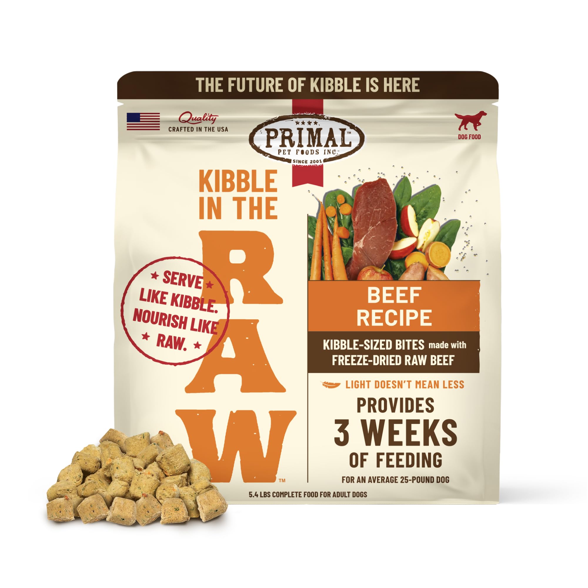 Primal Pet Foods Kibble in The Raw beef bag front shows protein-packed meal.