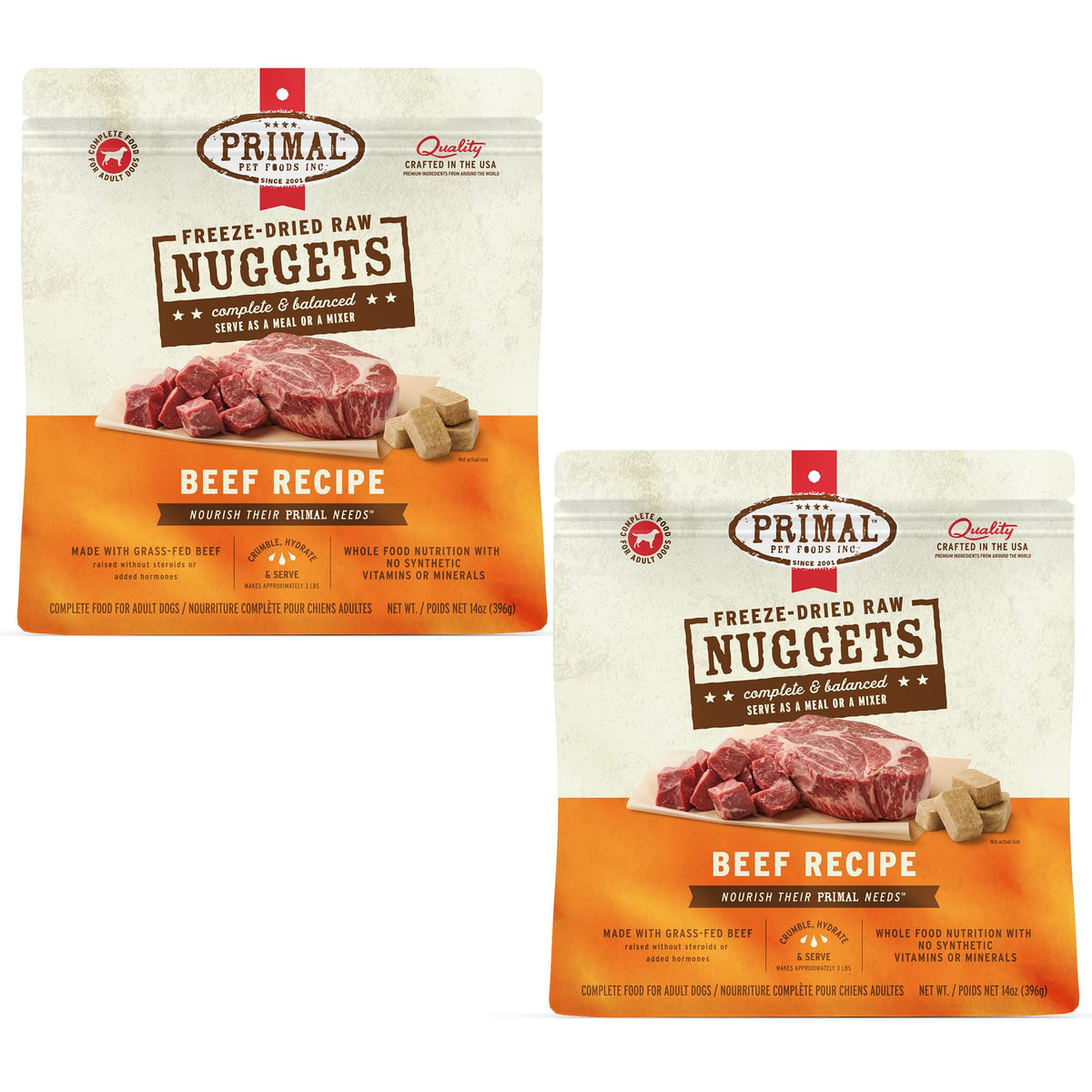 Primal Pet Foods beef nuggets pack-front ready for meals