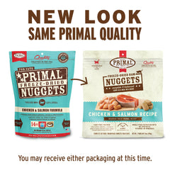 Primal Pet Foods packaging shows grain-free formula and real ingredients.