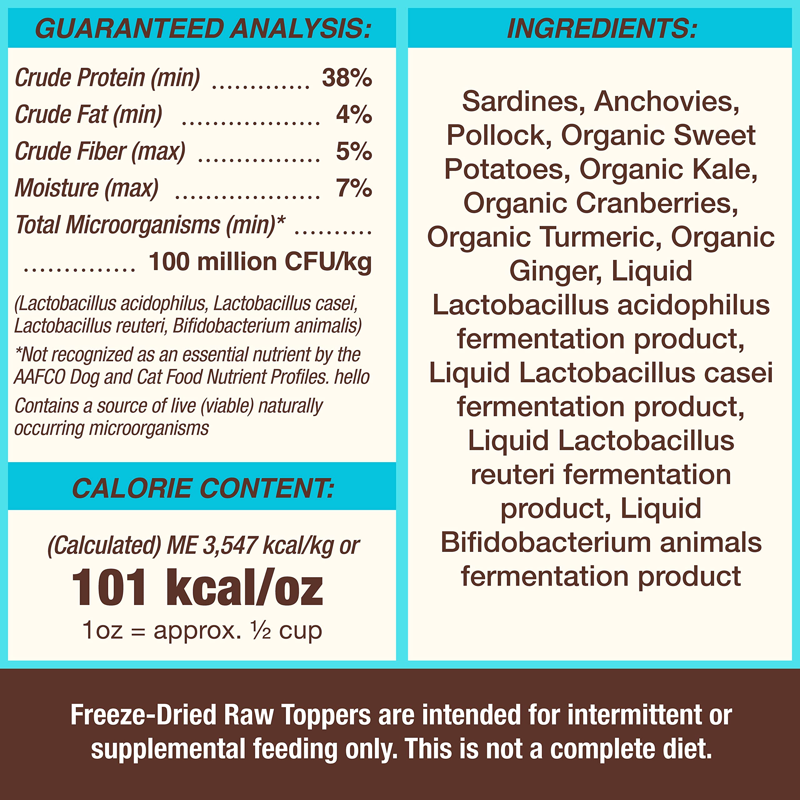Primal Pet Foods toppers probiotics label; adds gut-friendly bacteria and convenient serving.