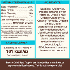 Primal Pet Foods toppers probiotics label; adds gut-friendly bacteria and convenient serving.