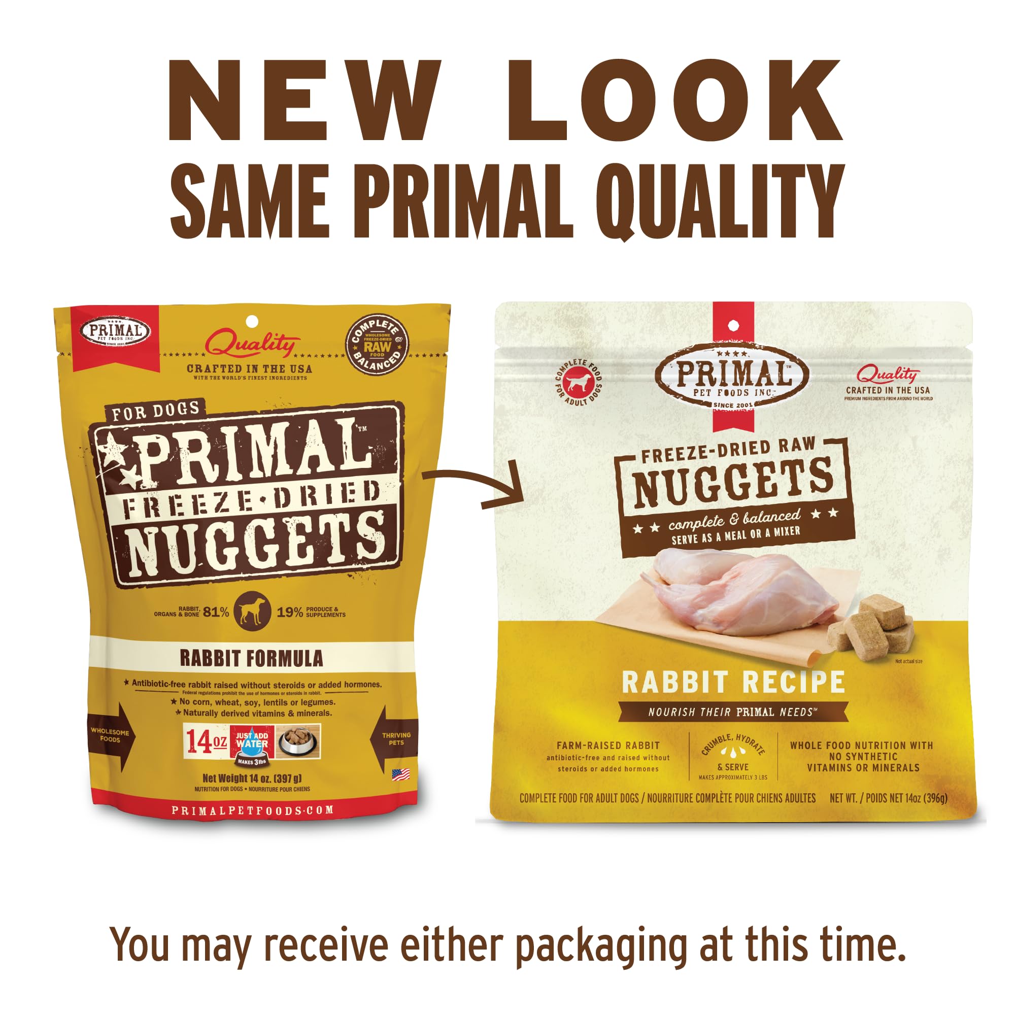 Primal Pet Foods rabbit nuggets closer view—high-protein bite for active dogs.