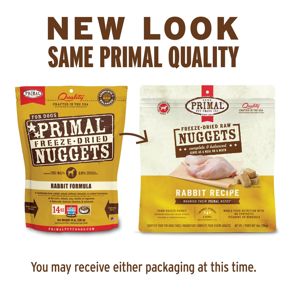 Primal Pet Foods rabbit nuggets close-up texture highlights protein