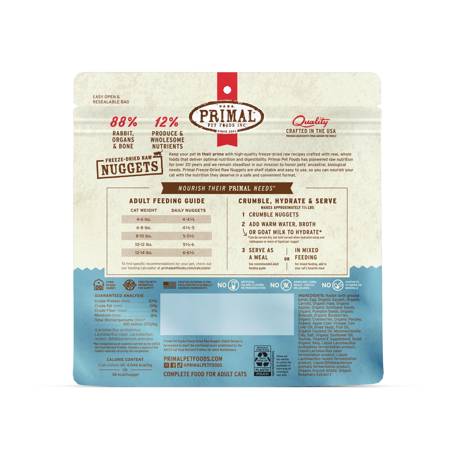Primal Pet Foods rabbit nuggets made-in-the-USA badge highlights quality and trustworthy sourcing.