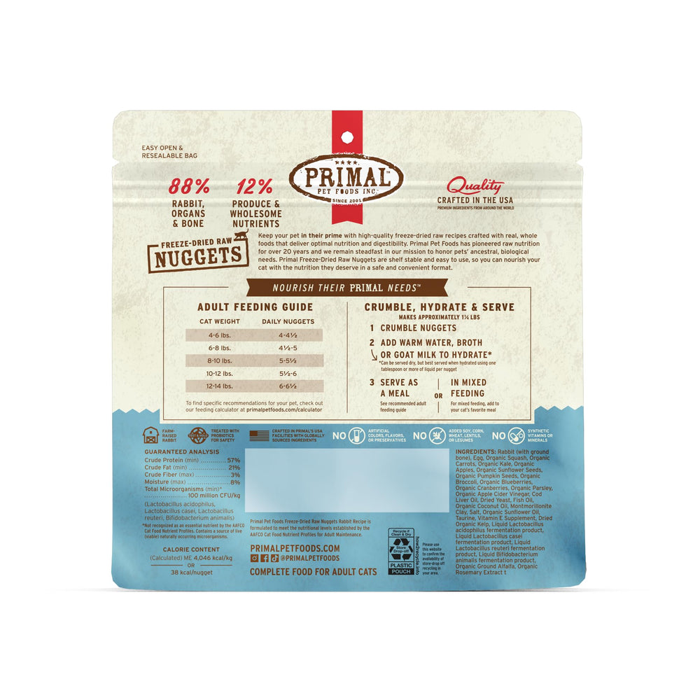 Primal Pet Foods rabbit nuggets made-in-the-USA badge highlights quality and trustworthy sourcing.
