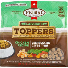 Primal Pet Foods toppers chicken bag showing packaging for a protein-boosting meal add-on.