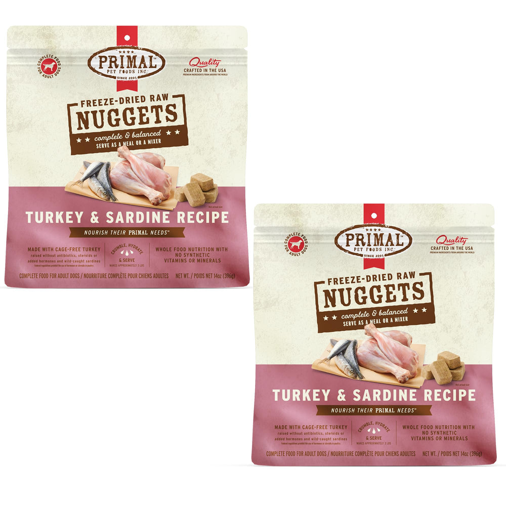 Primal Pet Foods turkey-sardine nuggets close-up shows wholesome ingredients.