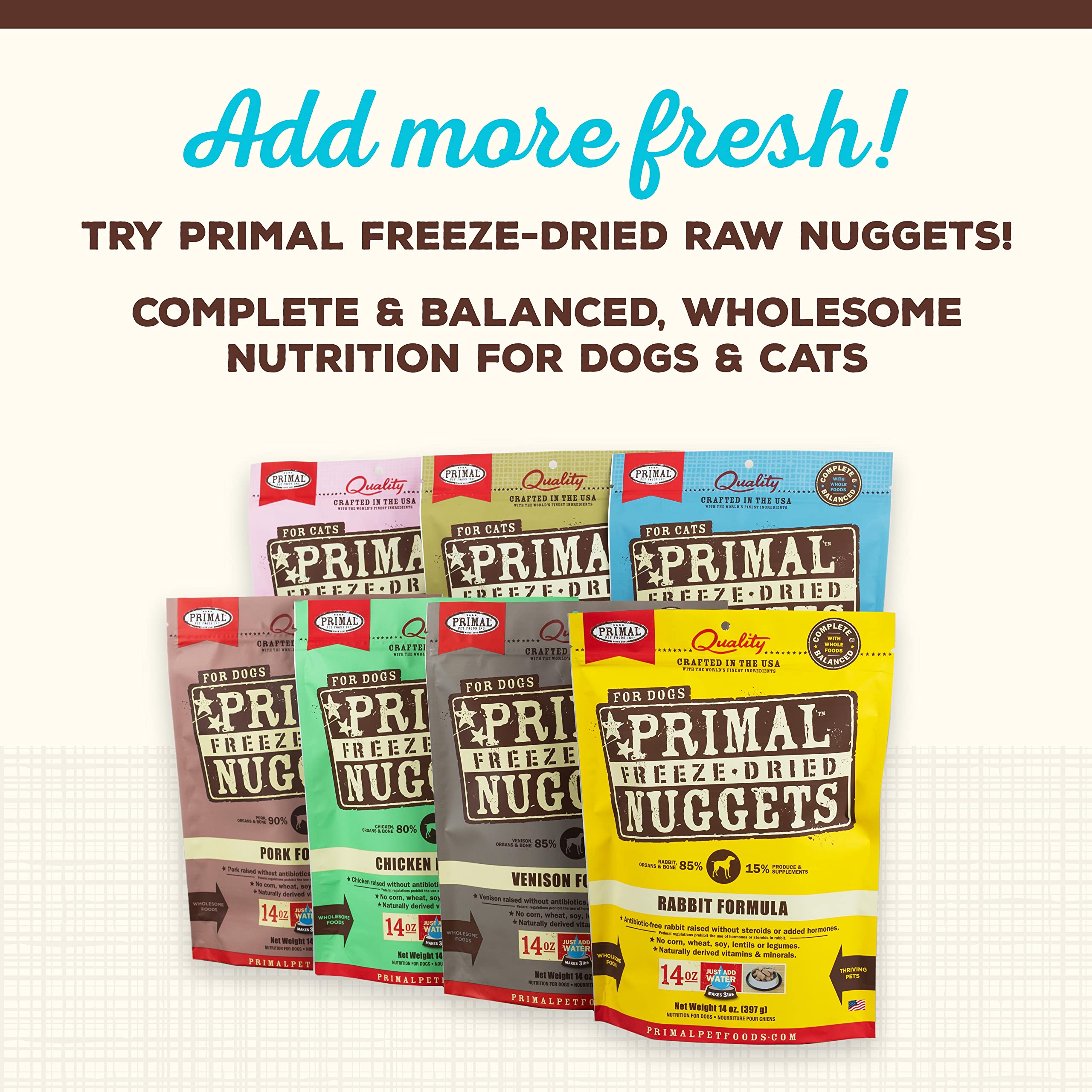 Primal Pet Foods USA-made toppers pack; high-quality protein from trusted sources.