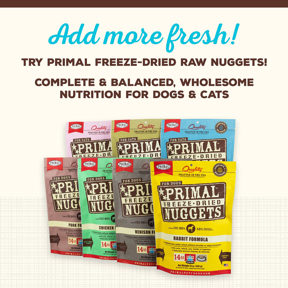 Primal Pet Foods USA-made toppers pack; high-quality protein from trusted sources.