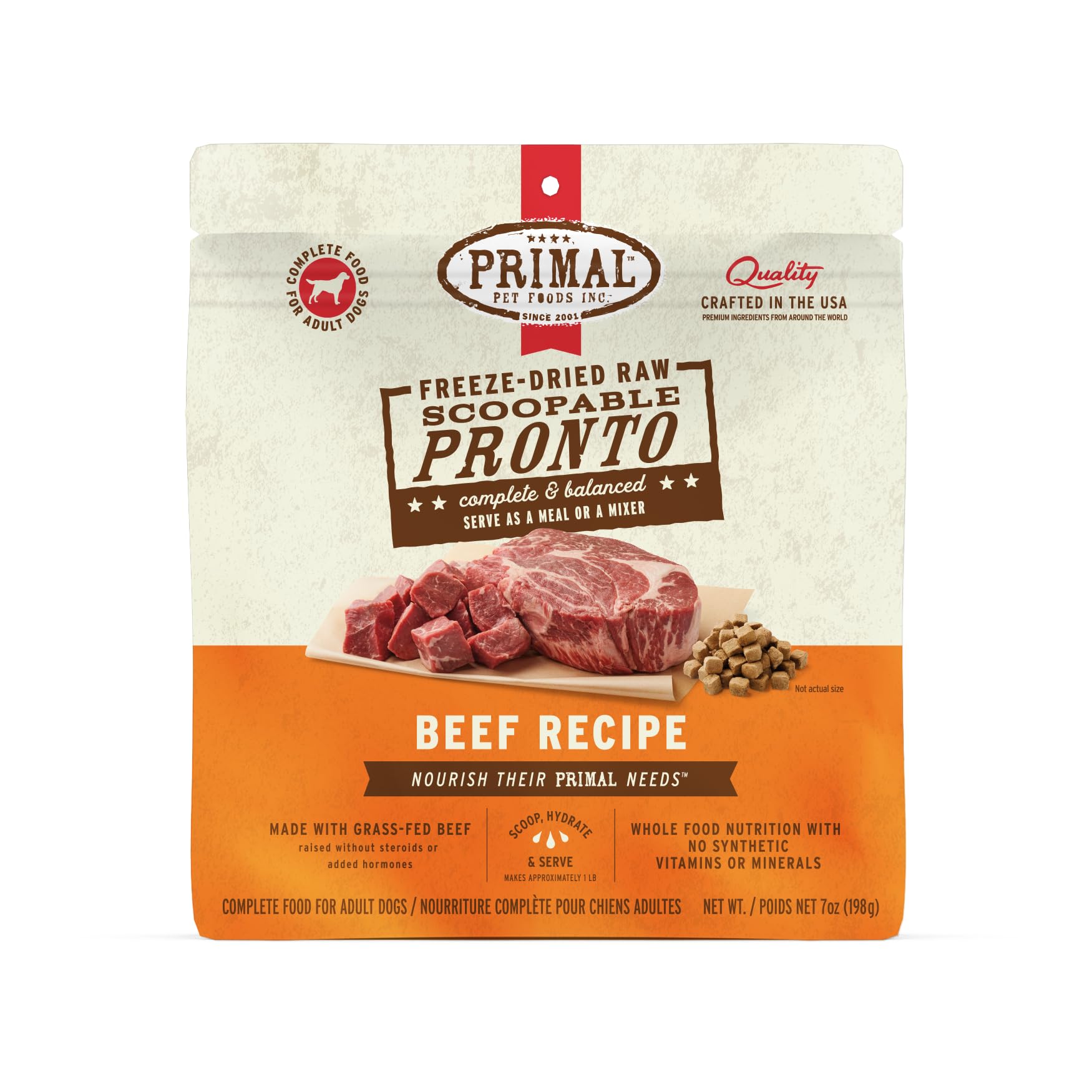 Primal Pronto Mini Nuggets beef scoop-serve: convenient complete meal in seconds.