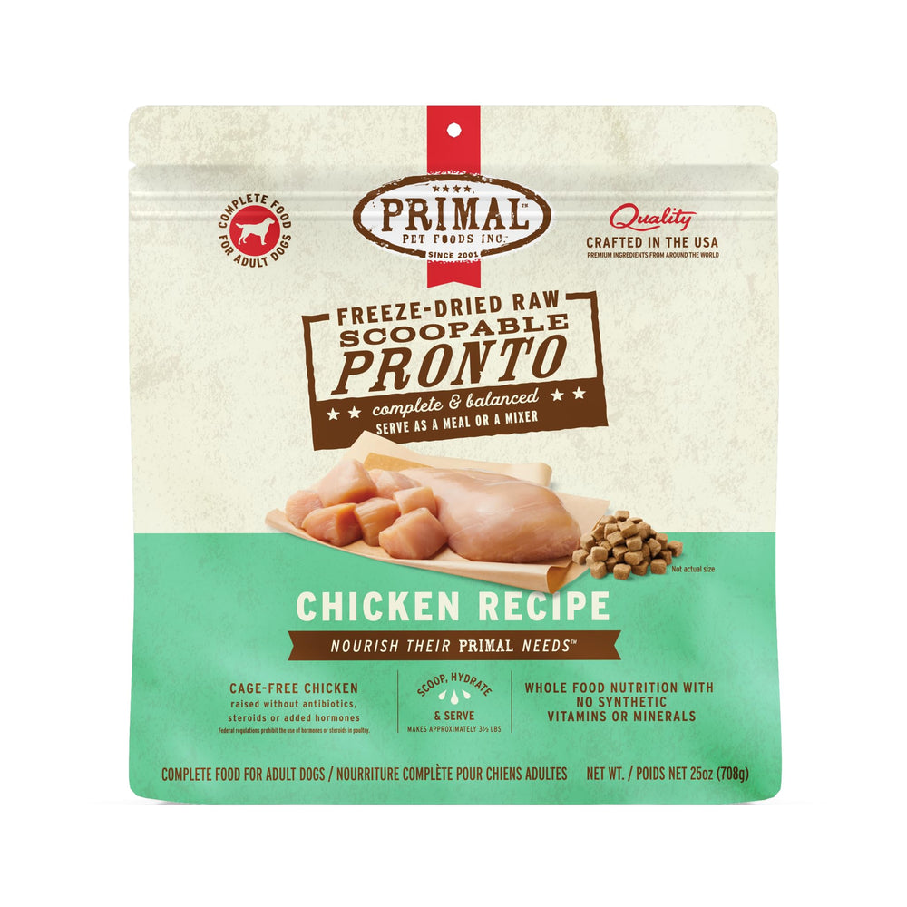Primal Pronto Mini Nuggets chicken bag front shows shelf-stable raw nutrition.