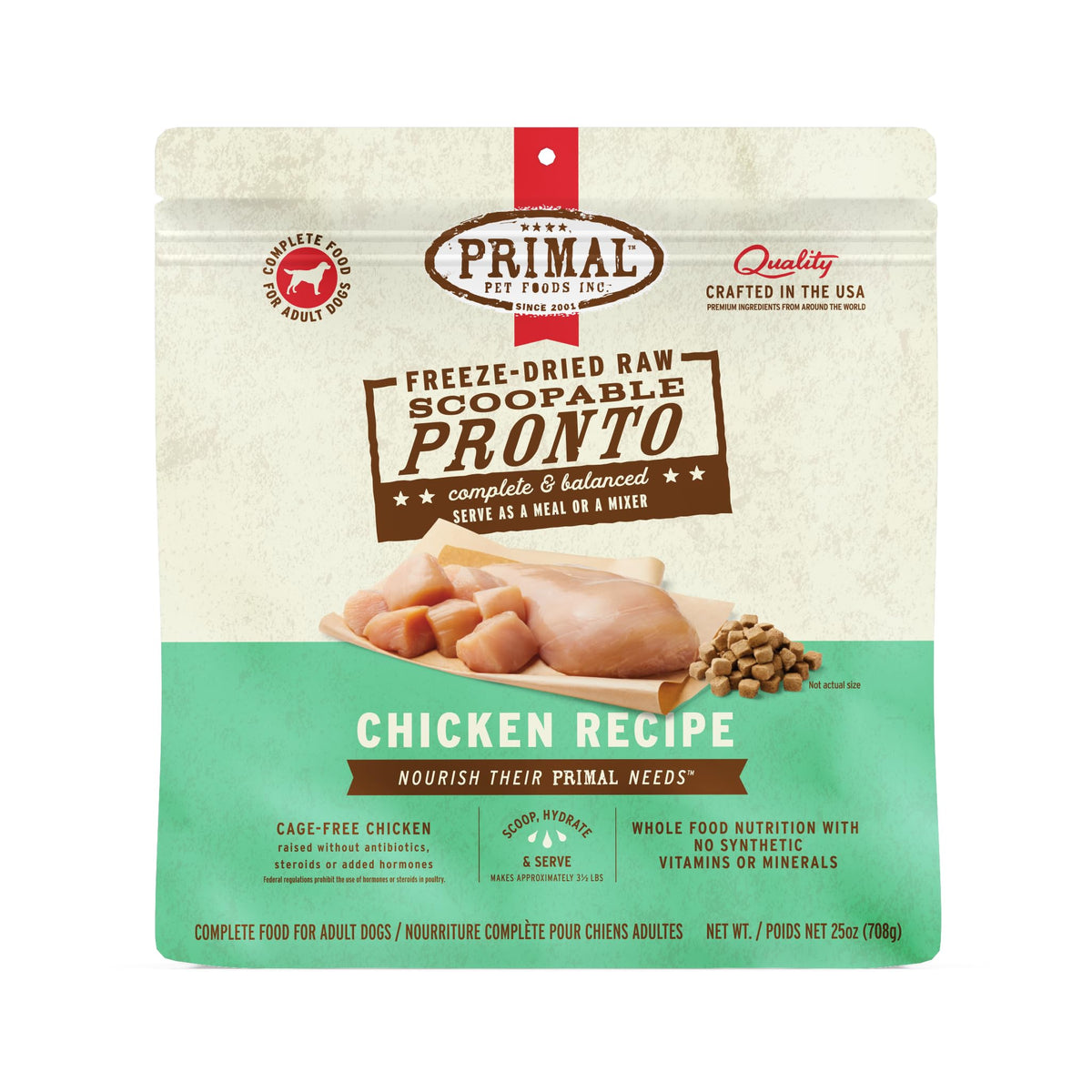 Primal Pronto Mini Nuggets chicken bag front shows shelf-stable raw nutrition.