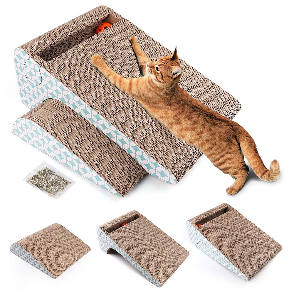 PrimePets CatScratcher Cardboard with Catnip Ball enabling scratching and play.