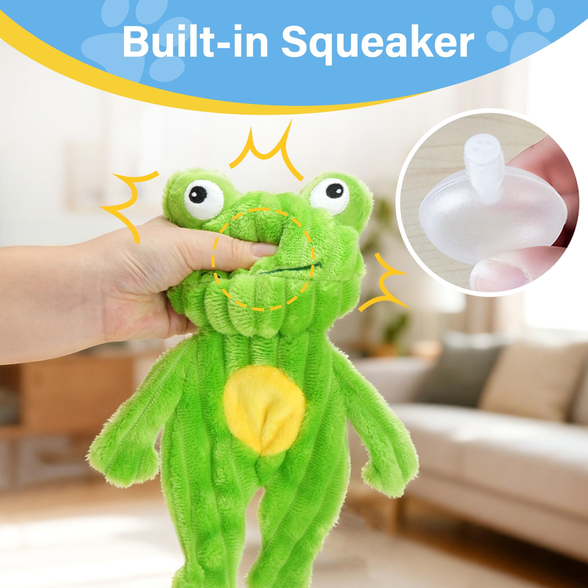 Prime Pets green frog plush toy for interactive play and crinkle excitement.