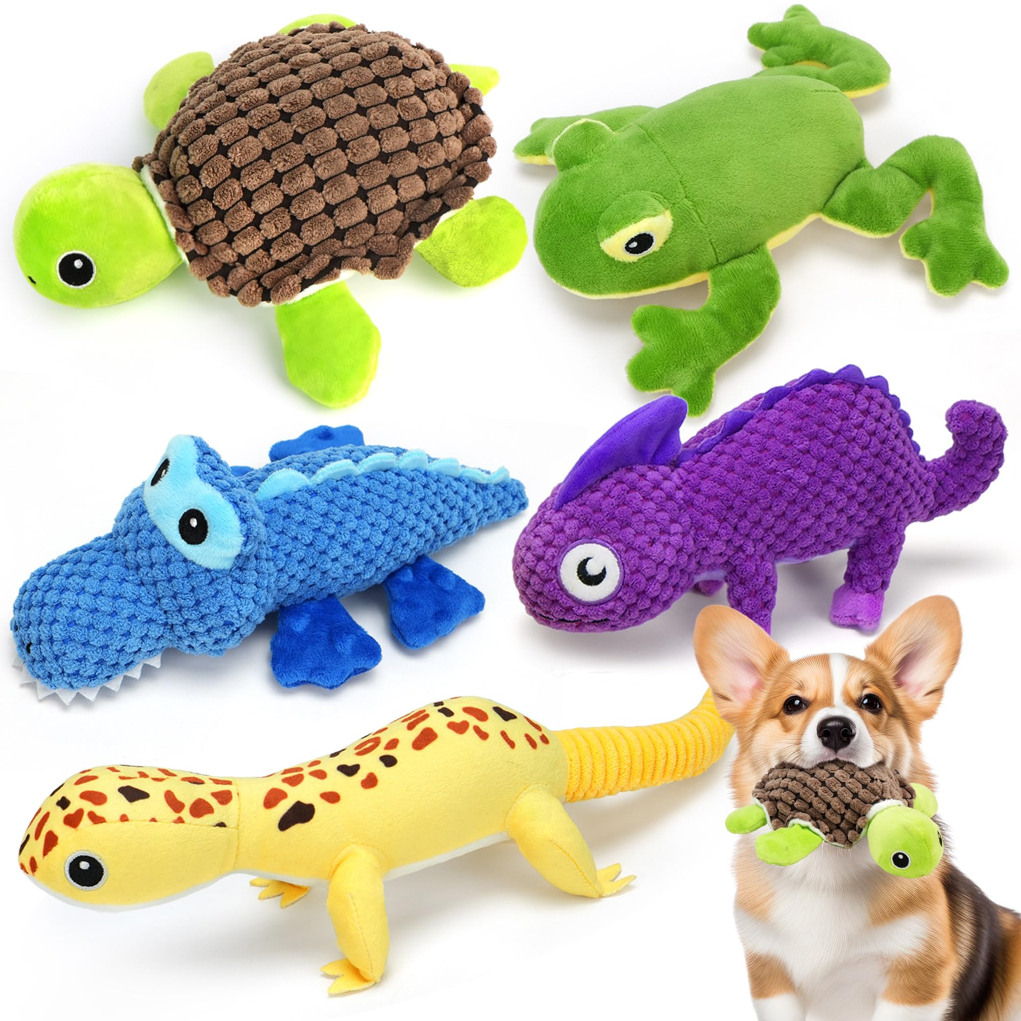 Prime Pets blue crocodile dog toy with squeaker for interactive fetch.