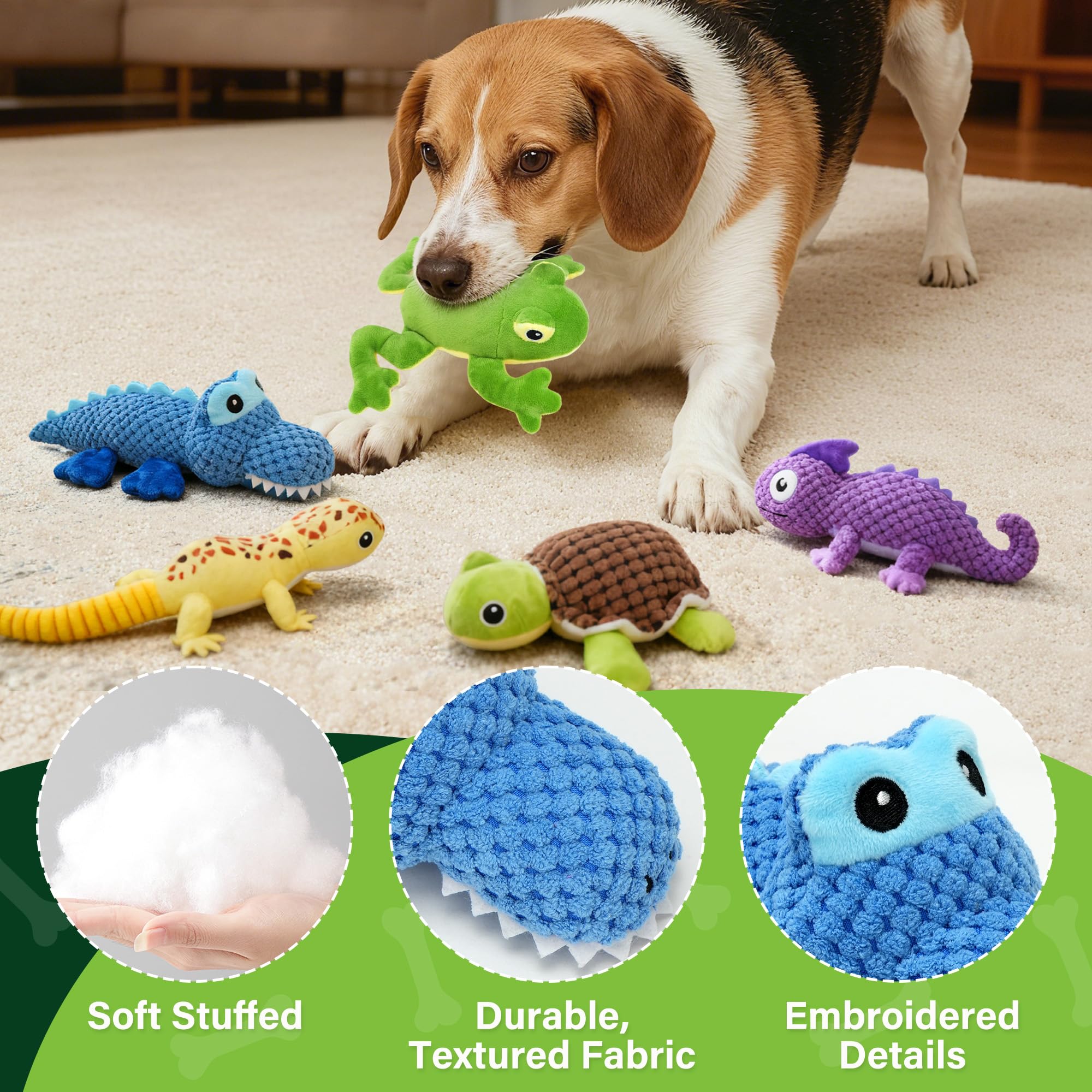 Prime Pets green frog dog toy with crinkle texture to attract dogs.
