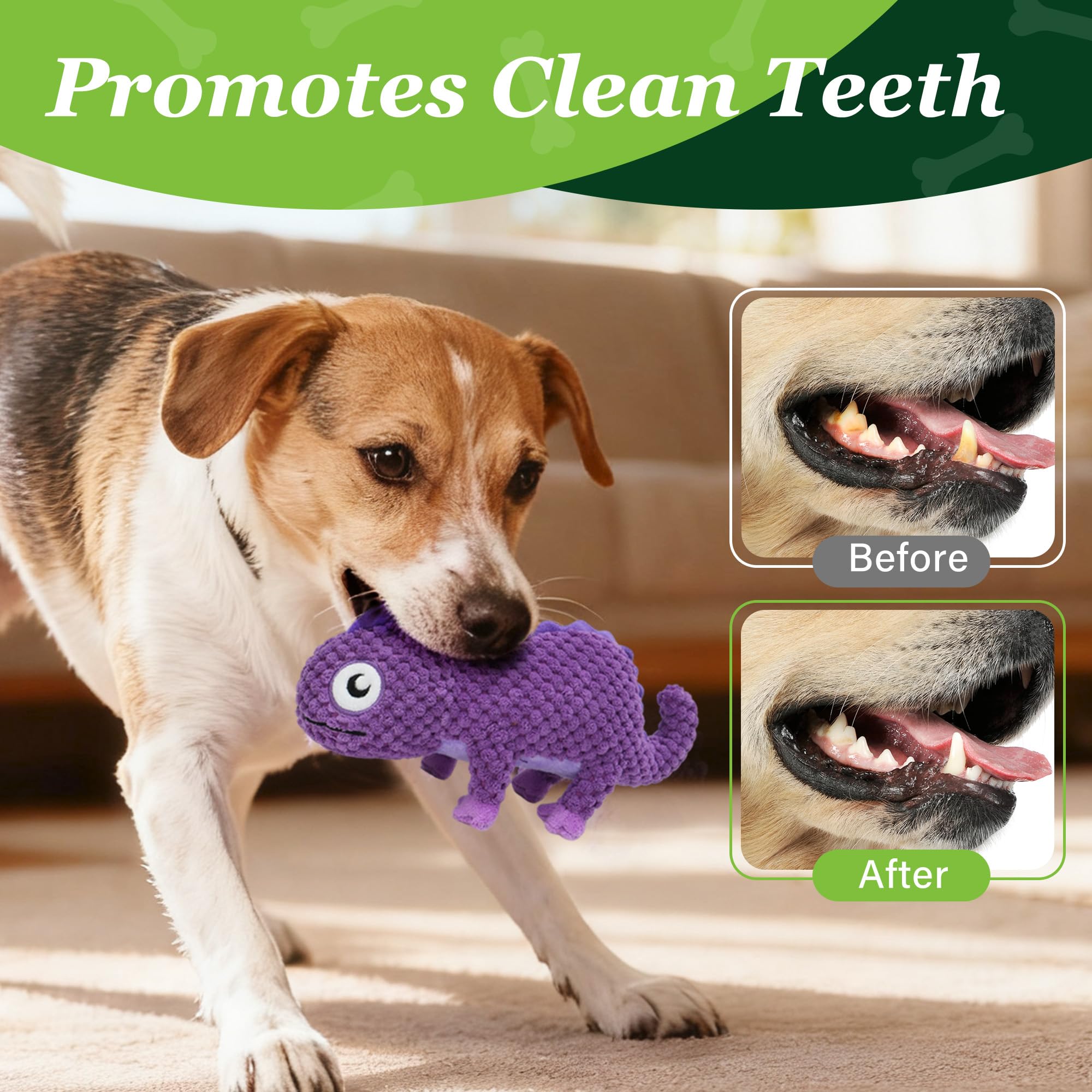 Prime Pets purple chameleon dog toy for colorful indoor/outdoor play.