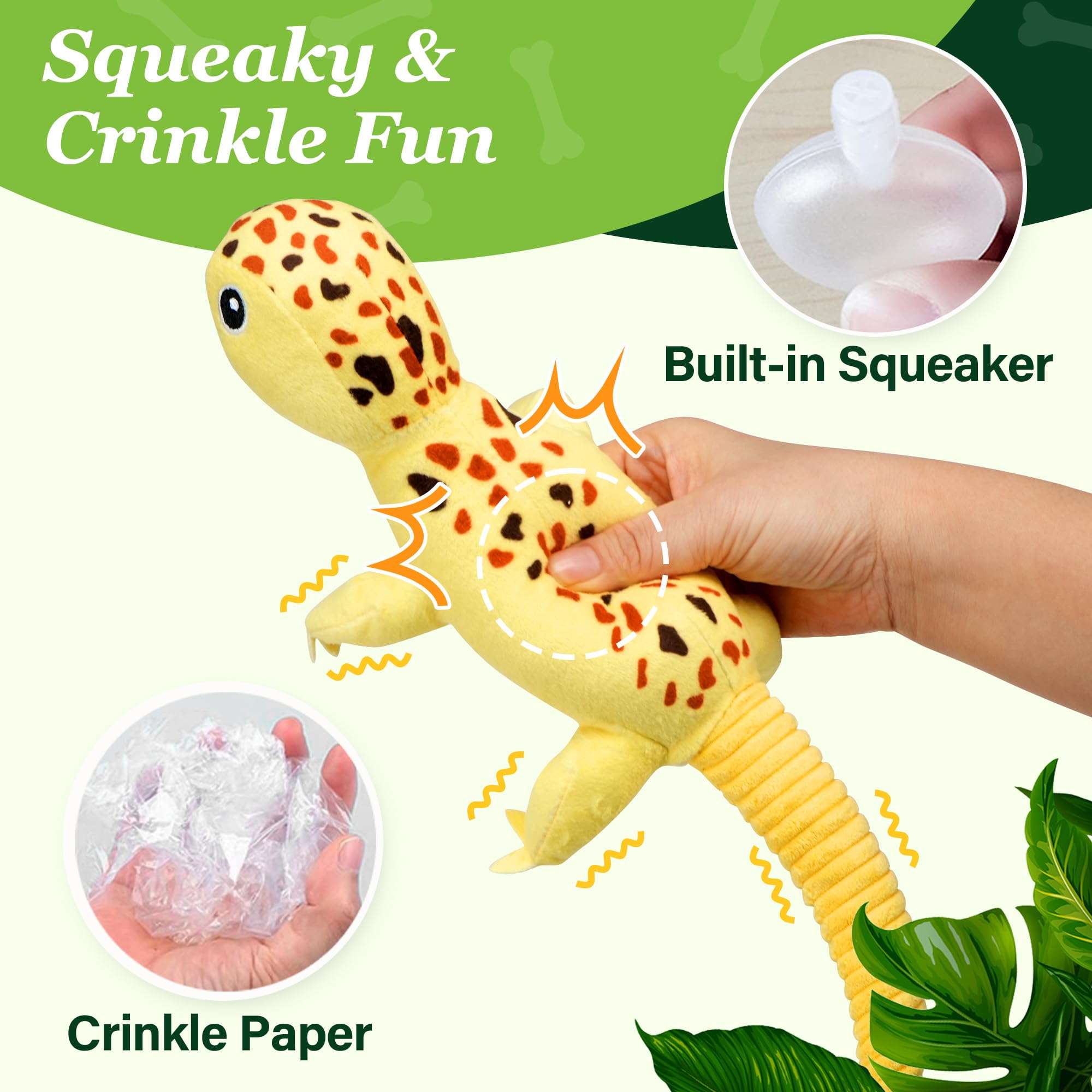 Prime Pets yellow lizard dog toy promotes teething-friendly play and fetch.