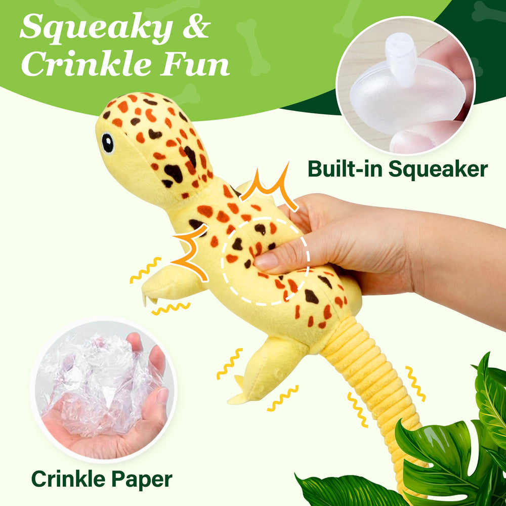 Prime Pets yellow lizard dog toy promotes teething-friendly play and fetch.