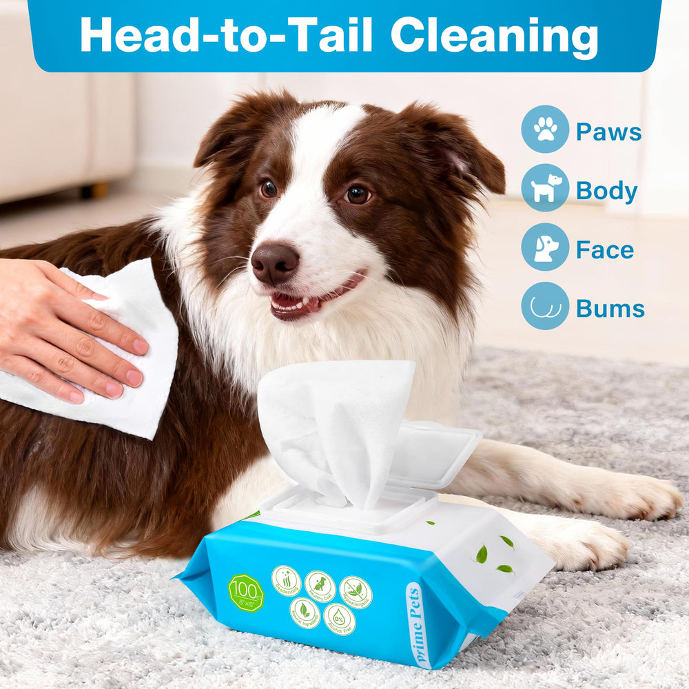 Prime Pets dog wipes ears eyes image demonstrating safe use around sensitive areas.