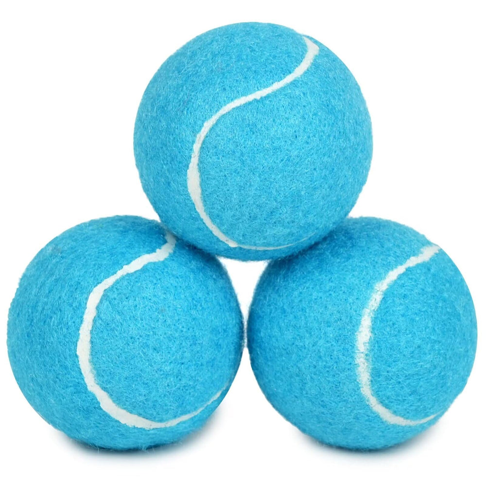 Prime Pets durable dog tennis ball blue side view for easy indoor fetch tracking