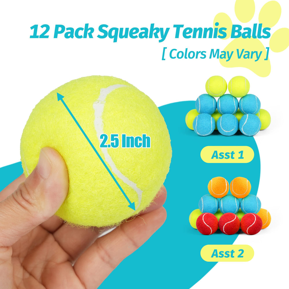 Prime Pets Squeaky Dog Tennis Balls close-up shows natural rubber core for durable outdoor play.