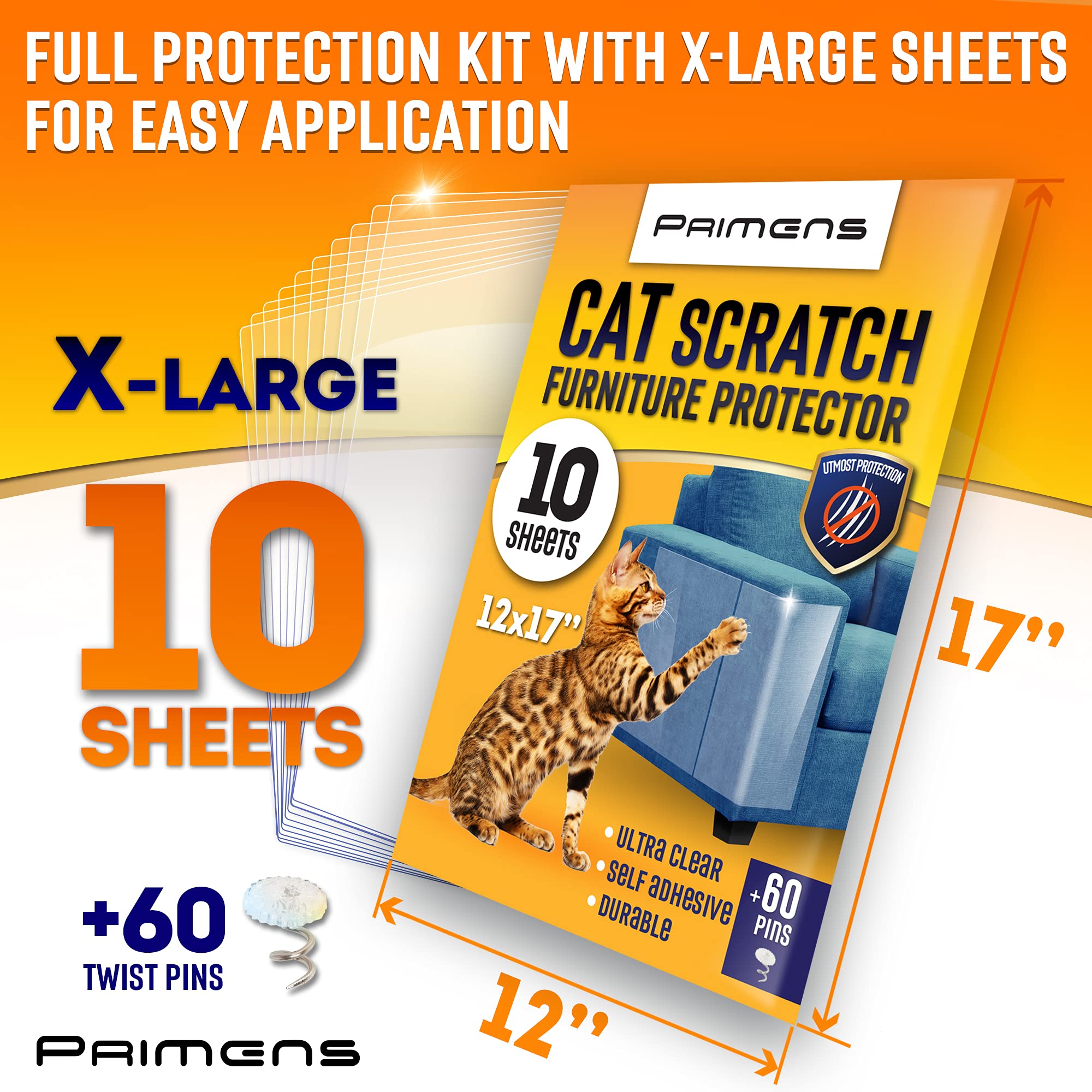 Primens anti-scratch tape guard on fabric couch demonstrates resilience and easy upkeep.