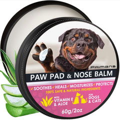 Primens Dog Paw Balm jar closeup showcases lick-safe, soothing protection for paws.
