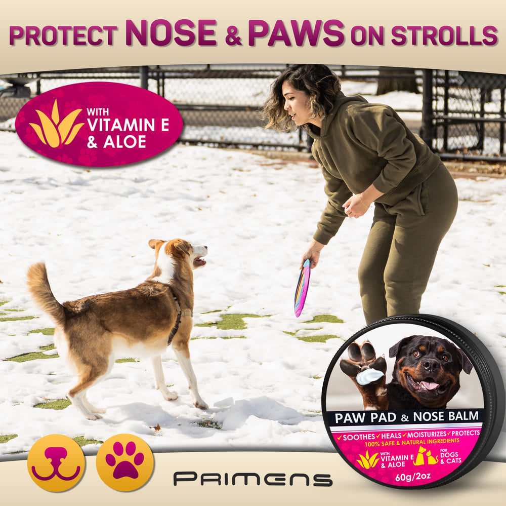 Primens Dog Paw Balm lick-safe feature emphasizes pet-friendly, worry-free licking.