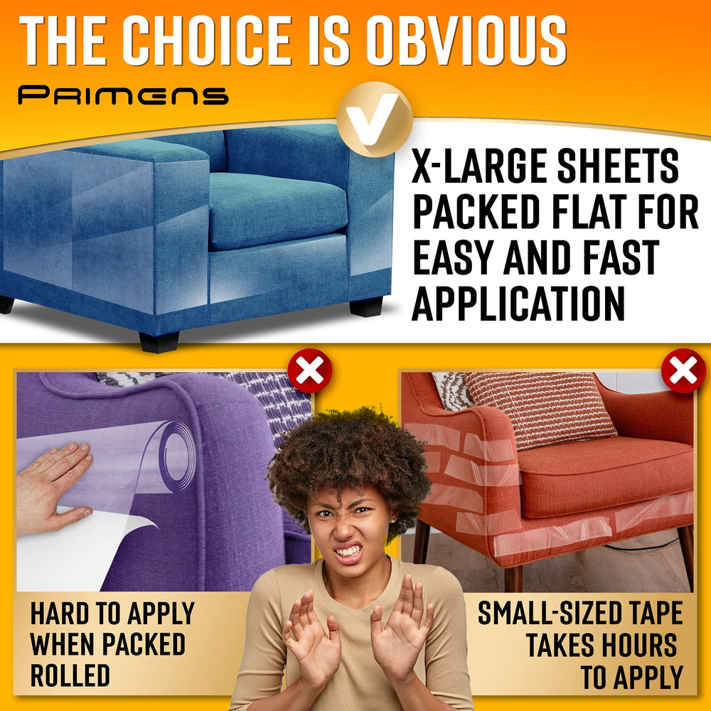 Primens protective sheets cover sectional arm with minimal visibility while preserving aesthetics.