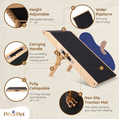 Priorpet dog ramp side view highlights sturdy birchwood construction for durability.