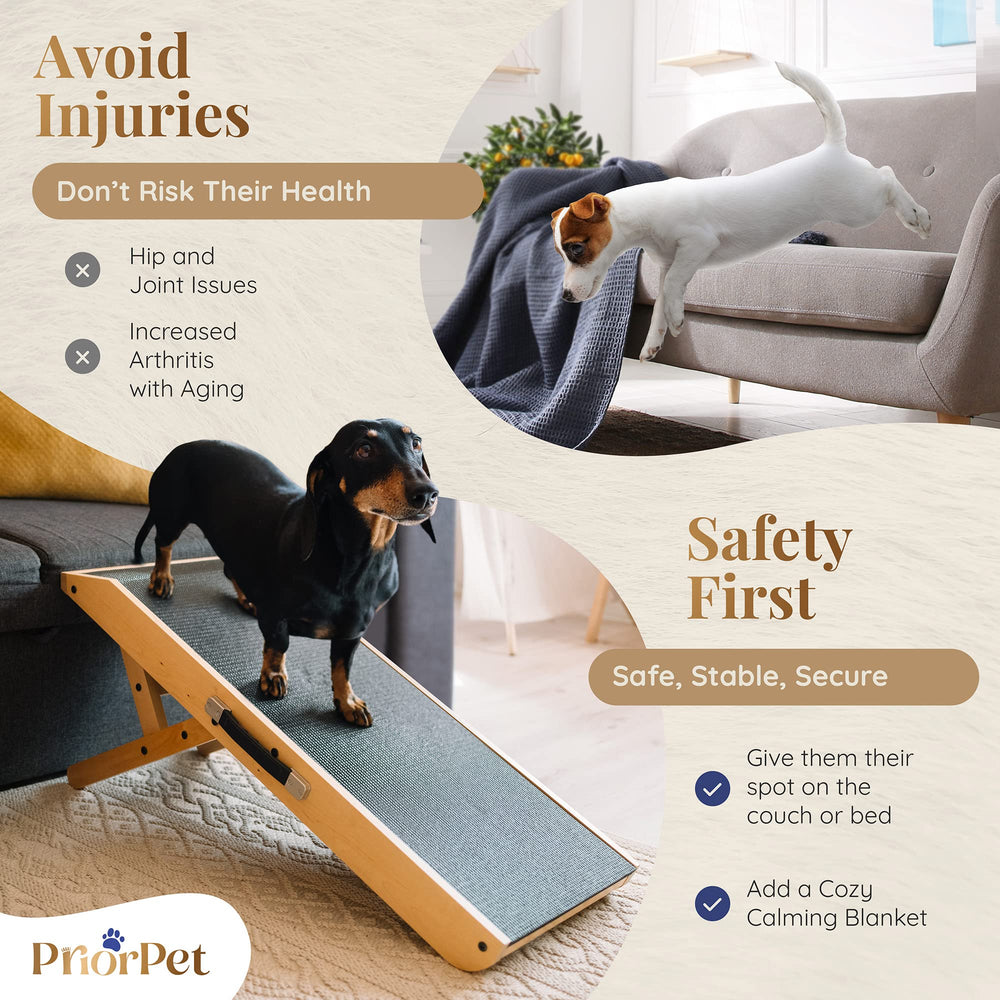 Priorpet dog ramp adjustable heights enable use on couches, beds, and cars.