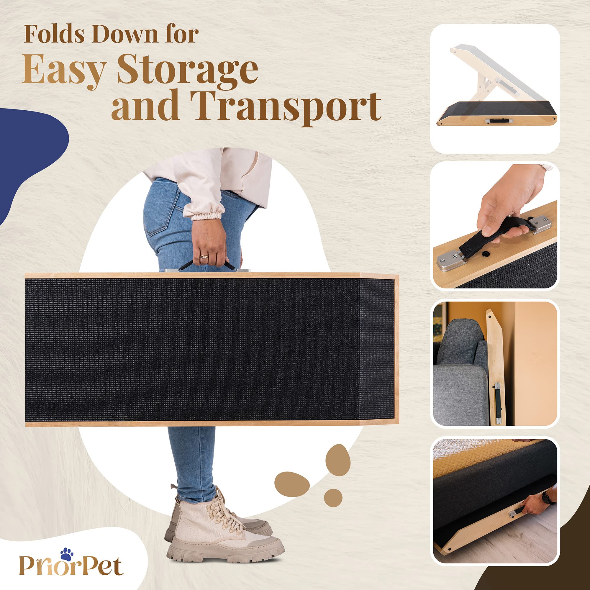 Priorpet dog ramp landing deck provides seamless connection to furniture.