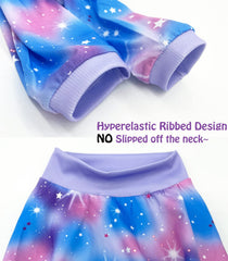 PriPre blue purple tiedye shirt side view shows comfortable fit and secure ribbed cuffs.