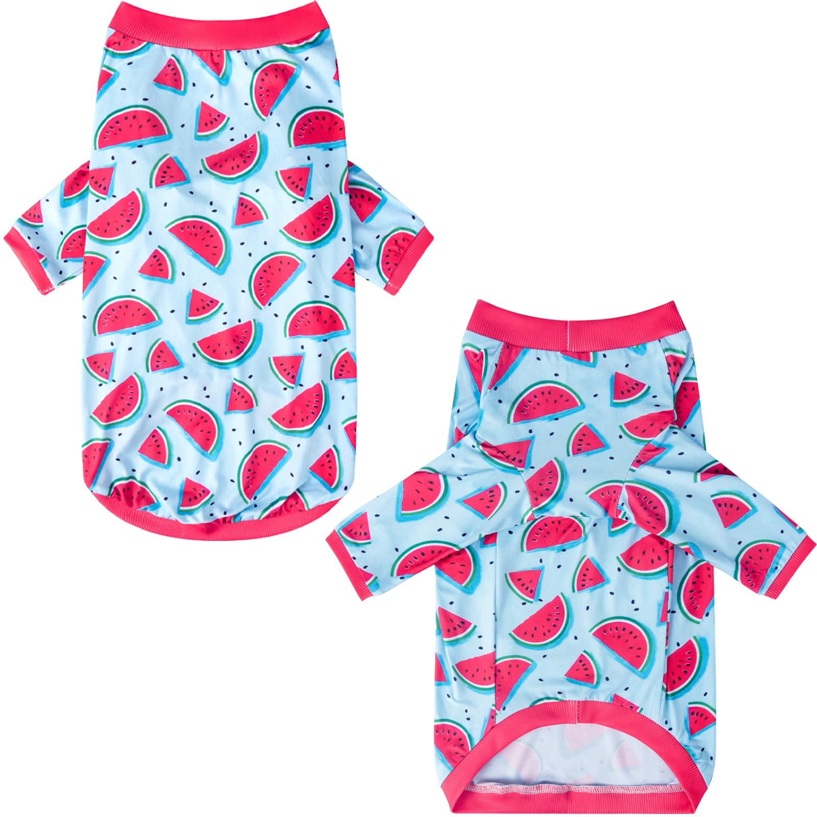 PriPre dog blue watermelon shirt ribbed collar closeup prevents slipping.