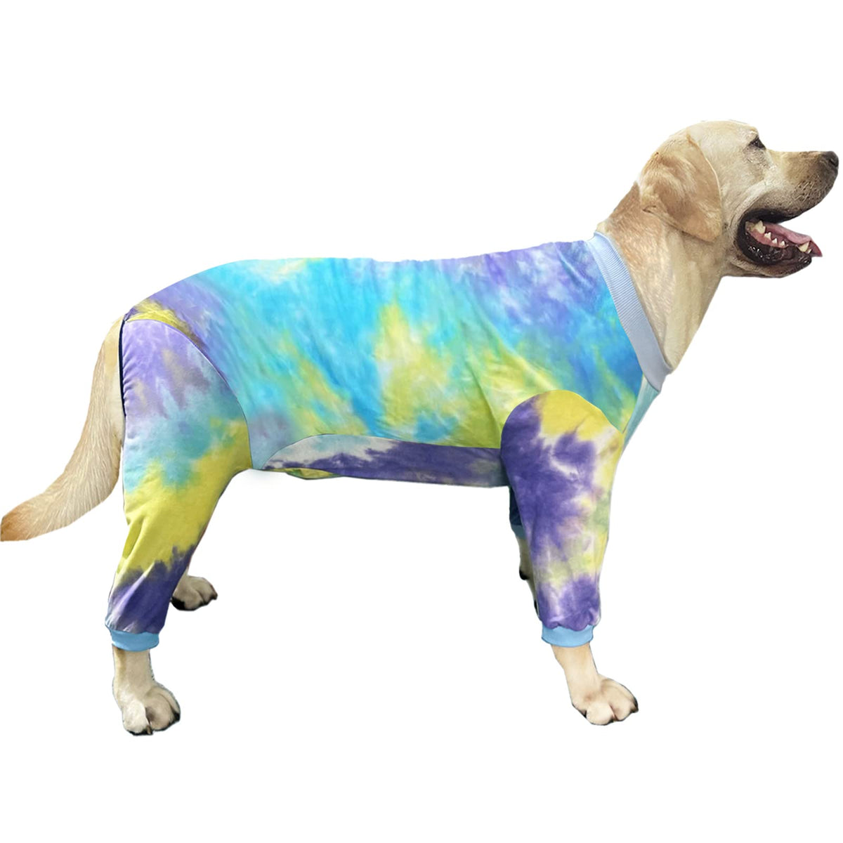 PriPre dog pajamas blue tie-dye front view shows breathable cotton for comfortable wear