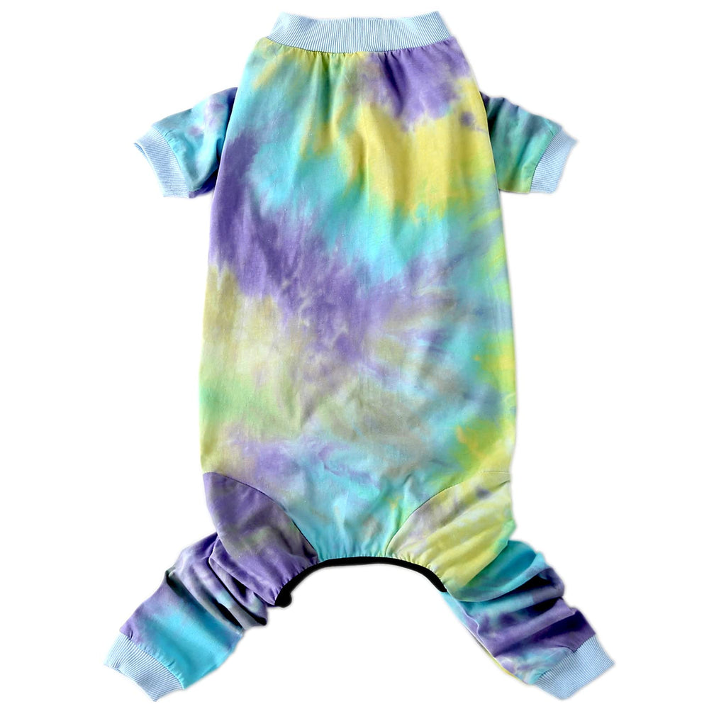 PriPre dog pajamas blue tie-dye side view highlights full coverage and easy movement