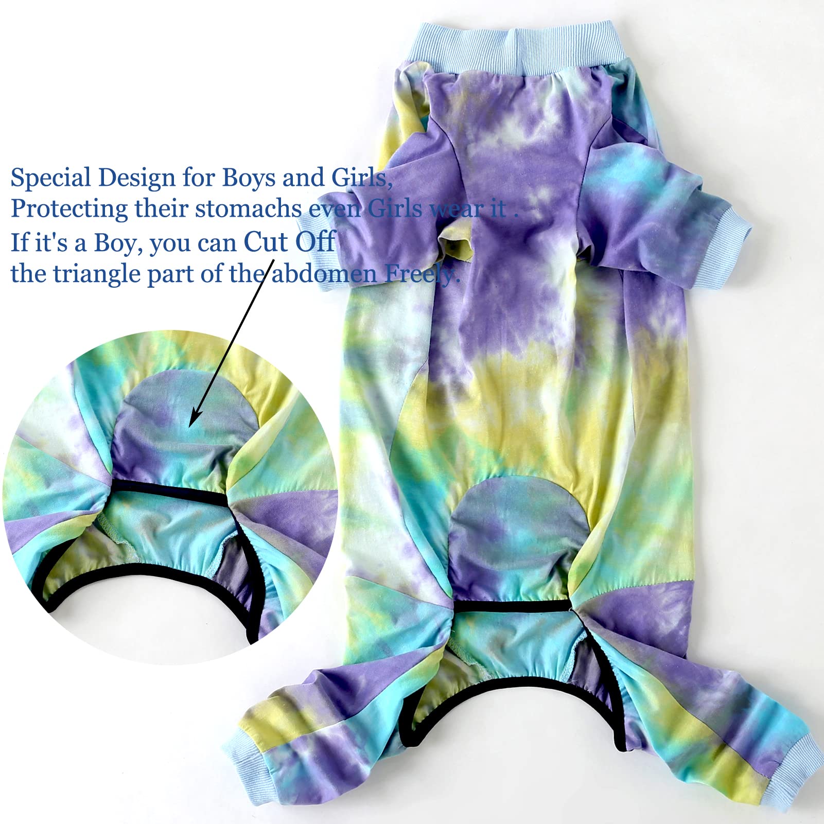 PriPre dog pajamas blue tie-dye top view emphasizes soft, stretchy fabric