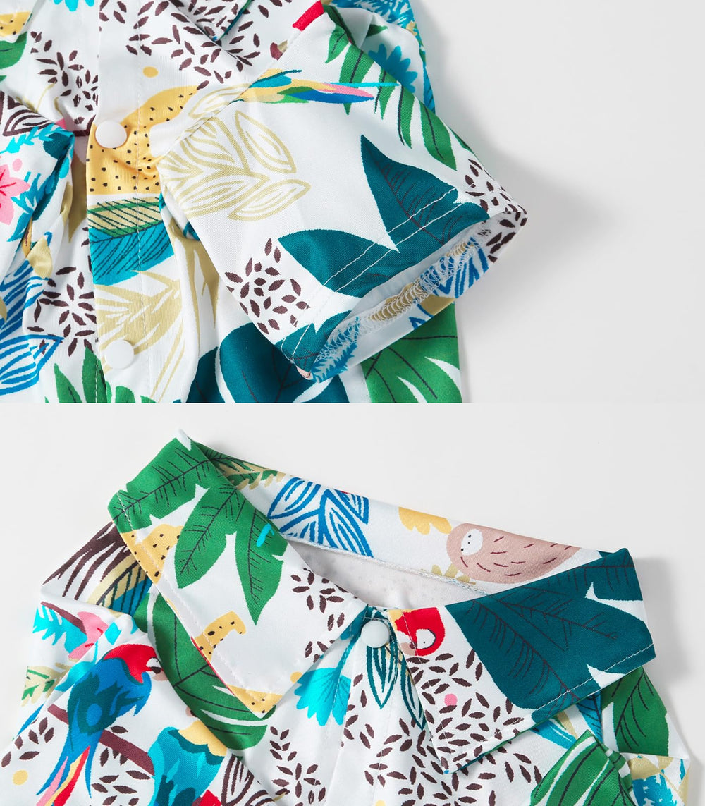 PriPre dog shirt hawaiian green fabric close-up reveals soft breathable material.