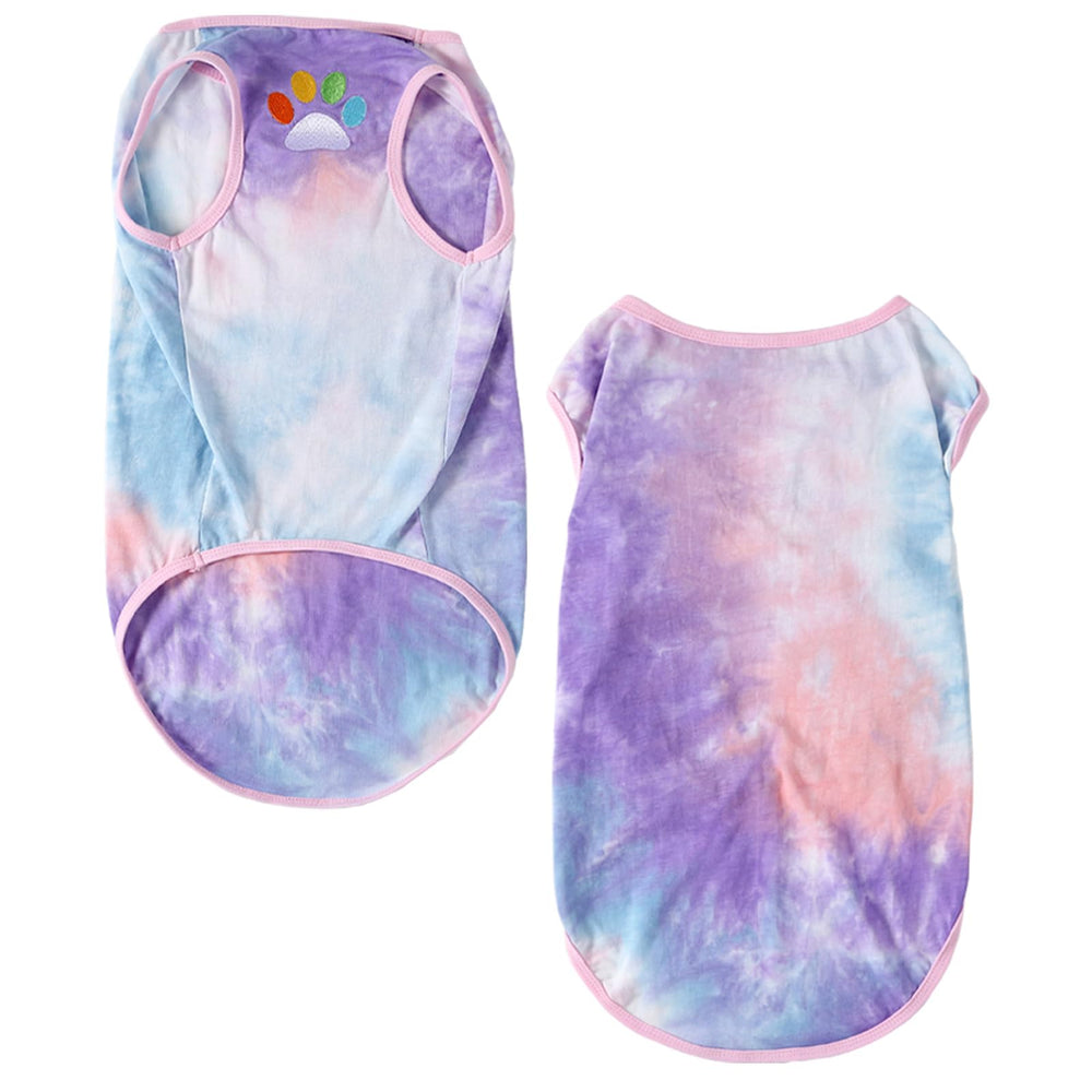 PriPre tie-dye dog shirt side view highlights elastic hem for easy on/off
