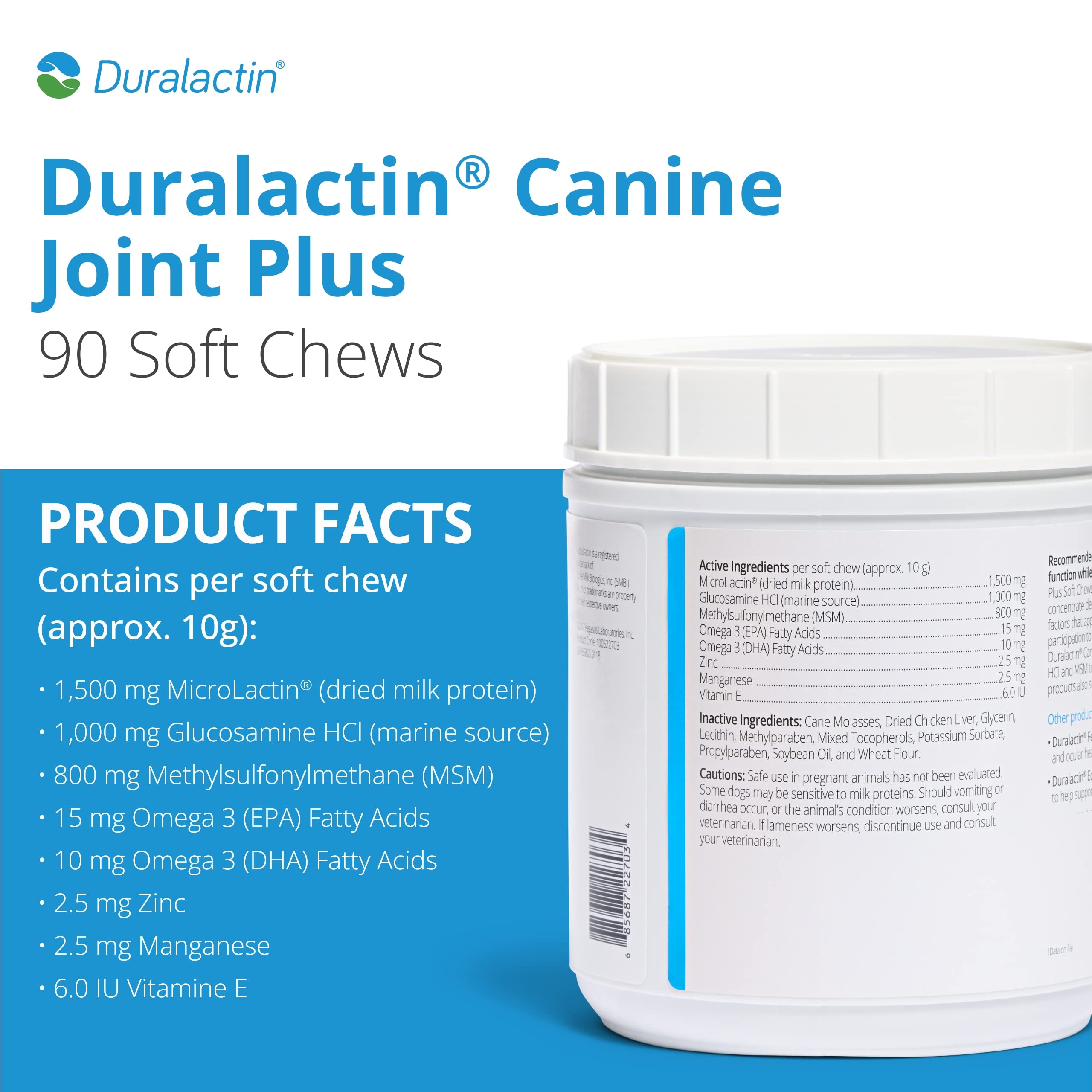 PRN Duralactin Canine Joint Plus bottle back details ingredients and feeding directions.