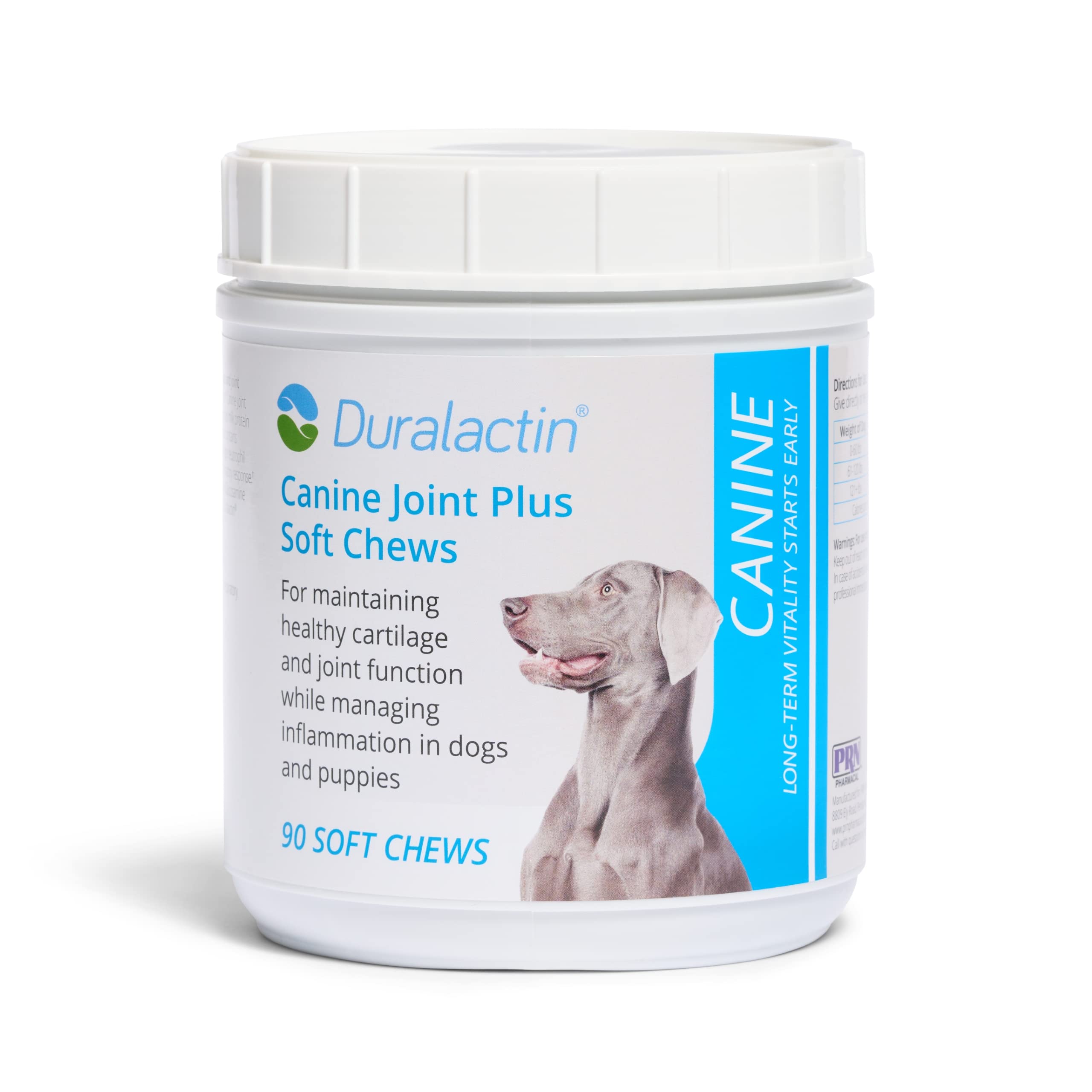 PRN Duralactin Canine Joint Plus bottle front signals joint support for dogs.