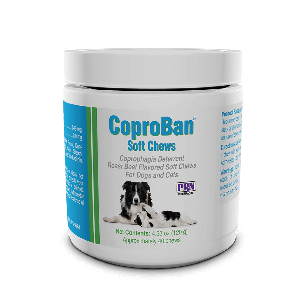 PRN CoproBan packaging shows roast beef deterrence for coprophagia.