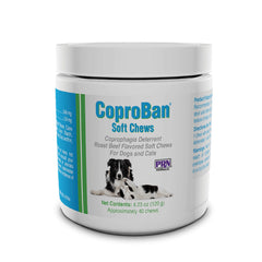 PRN CoproBan packaging shows roast beef deterrence for coprophagia.
