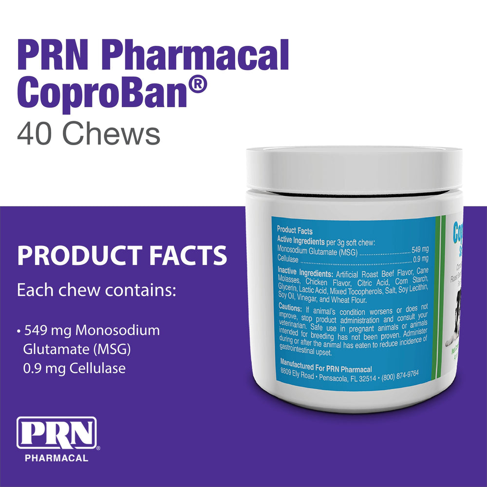 PRN CoproBan roast beef treats displayed as deterrent for pets.