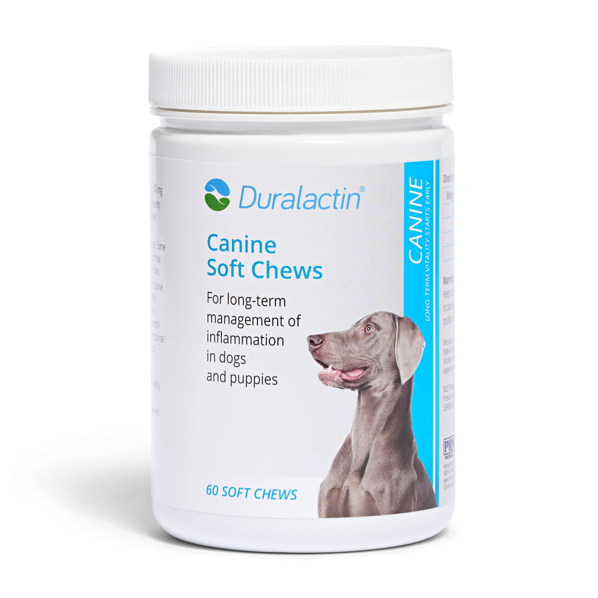 PRN Duralactin canine soft chews bottle ready for daily joint support.